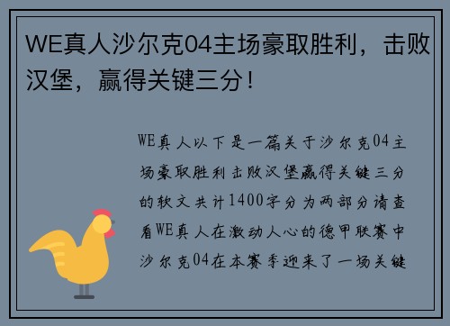 WE真人沙尔克04主场豪取胜利，击败汉堡，赢得关键三分！